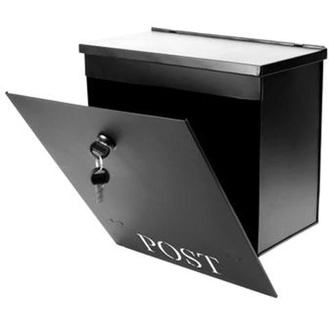 Beefy Outdoor Wall Mount Mailbox Black Weatherproof Mailbox With Big Capacity and Easy Install, open front view with lock and keys visible.