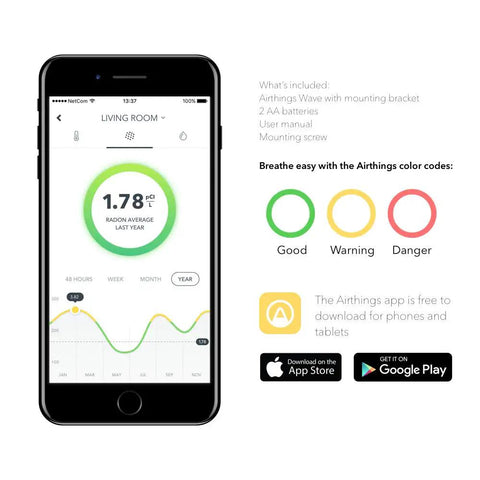 Wave 1st Gen Radon Detector With Free App Real Time Monitoring Temp And Humidity Tracking Battery Operated Easy To Use