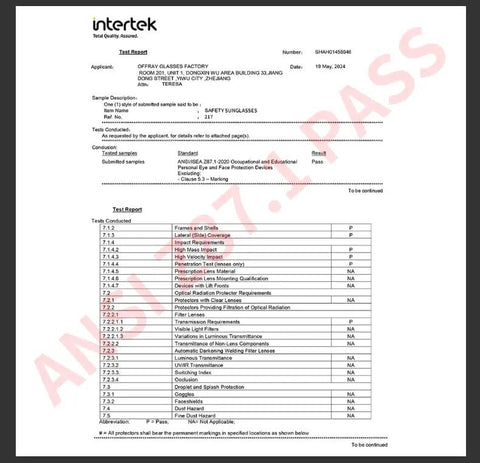Test report for Photochromic Safety Glasses Featuring Blue Light Blocking Armor And Scratch Resistant Glass That Keeps Your Vision Crisp.