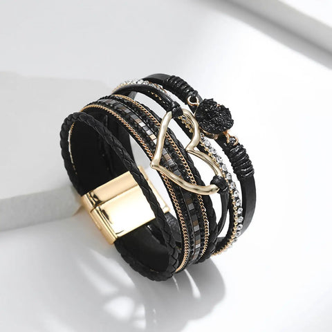 Killer Boho Western Leather Wrap Bracelet For Women With Layered Cuff Strands Heart Stone Charm, 7.67 inch black leather, stylish jewelry.