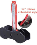 Close-up of Heavy Duty Brake Caliper Press And Piston Spreader Kit With Ratchet Includes 2 Extra Steel Plates For Single Twin Or Quad Piston Calipers Pro Grade Auto Repair Tool For DIY Mechanics showing 360-degree rotation feature.
