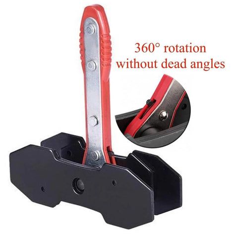 Close-up of Heavy Duty Brake Caliper Press And Piston Spreader Kit With Ratchet Includes 2 Extra Steel Plates For Single Twin Or Quad Piston Calipers Pro Grade Auto Repair Tool For DIY Mechanics showing 360-degree rotation feature.