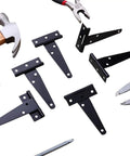 Six Piece 4 Inch T Hinge Set For Doors And Gates, Rust Proof Black Hardware, Heavy Duty Stainless Steel Hinges shown with tools