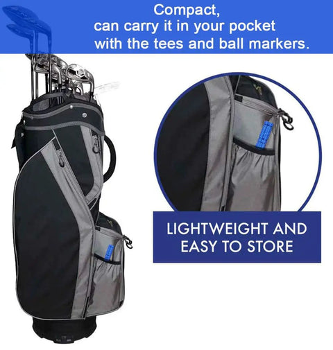 Golf bag with external pocket containing blue groove sharpener for golf clubs re grooving tool and cleaner for wedges and irons.