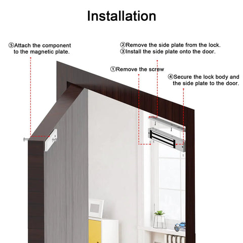 Installation steps of Built Like A Tank Magnetic Door Lock With 1200lbs Grip Electromagnetic Access Control DC 12V on a wooden door.