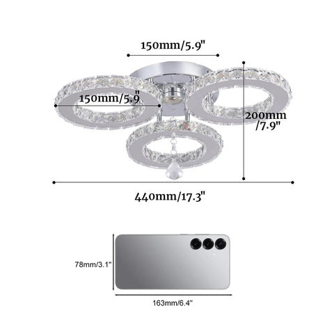 Dimensions of LED Crystal Pendant Ceiling Light With 3 Rings Cool Sleek Chandelier Flush Mount For Bedroom And Living Room.