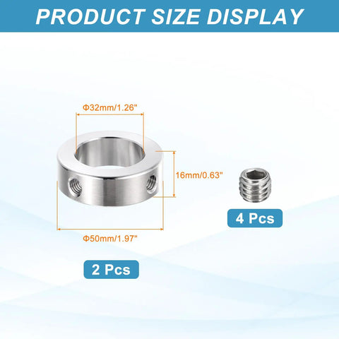 Stainless Steel Shaft Collar Set 32mm ID 50mm OD 16mm Thick Double Hole Bore Locking Collars for Gearboxes and Machine Tools