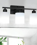 Three Light Black Matte Vanity Light Fixture With Milky White Frosted Glass Shades For Bathroom Over Mirror