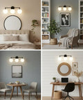 Three Light Black Vanity Light Fixture With Milky White Glass Globe Shade Sleek Modern Minimalist Wall Sconce in different rooms