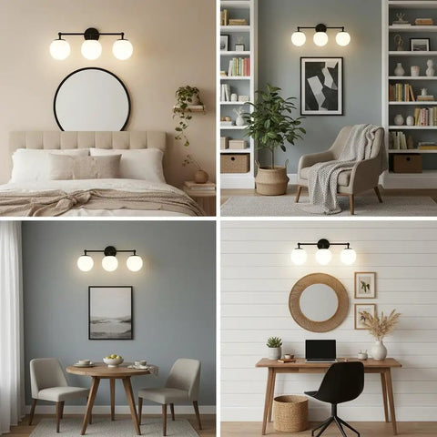 Three Light Black Vanity Light Fixture With Milky White Glass Globe Shade Sleek Modern Minimalist Wall Sconce in different rooms