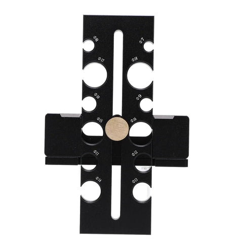 Heavy Duty Adjustable Wood Dowel Maker Jig Kit With Dual Aluminum Blades For Electric Drills, top view showing multiple hole sizes.