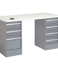 Heavy Duty 72 By 30 Inch Workbench Built Tough With Rock Solid All Welded Steel Frame And Smooth As Butter Pedestal Drawers Featuring Aluminum Handles Plus Cylinder Locks For Secure Storage On A Top Shelf Esd Safe Safety Edge Surface