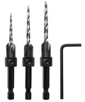 Front view of GMTOOLS 3-piece HSS countersink drill bit set with 1/4-inch hex shank and Allen wrench