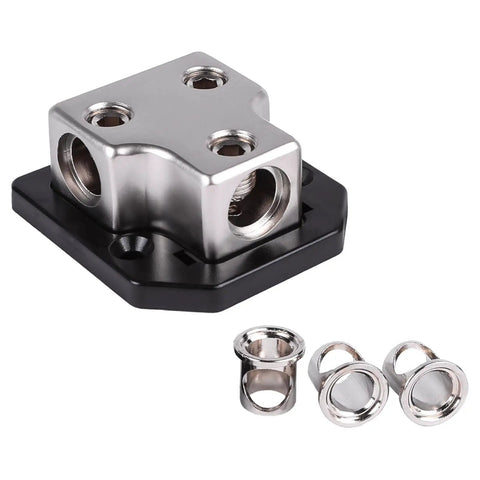 X1 0/4 Gauge Input To Two 0/4 Gauge Outputs Power Distribution Block With Zinc Alloy Mounting Base And Included 1/0 To 4 Gauge Reducers, silver block with black base