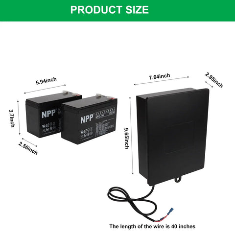 Heavy Duty Steel Battery Box With Two 12V 7Ah Lead Acid Cells For 12Volt To 24Volt Driveway Swing Gate Openers product size and dimensions shown.