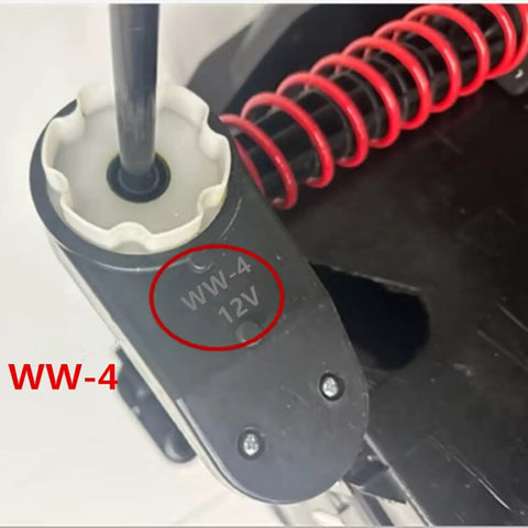 12V Ride On Car Gearbox With DC Motor 390 Drive Motor 16000 RPM Replacement Part, WW-4 12V label, spring, and shaft detail