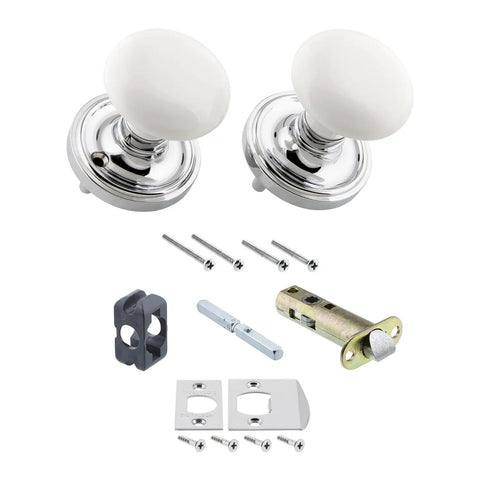 Old School Retro Vibe Classic Rosette White Porcelain Round Door Knob for Interior Doors, Vintage Style Hardware, with installation kit.