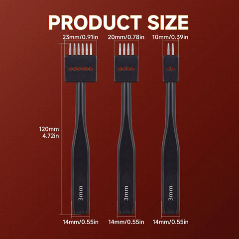 Super Handy Leather Hole Punch Tool Set with Interchangeable 2 4 6 Prong Attachments showing 3 size measurements