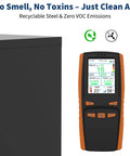 Air quality monitor next to Garage Tool Storage Cabinet With Lock, Built Tough Heavy Duty 35 Inch Steel Cabinet, showing no emissions.