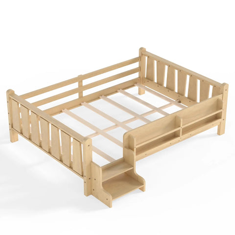 Toddler Floor Bed With Storage Bookcases And Easy Access Stairs Safe Guardrails All Around No Box Spring Needed Light Natural Finish