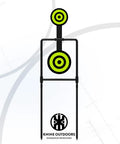Double Spinner Auto Reset Steel Target For Centerfire Handguns Up To Forty Four Magnum with neon green bullseye targets