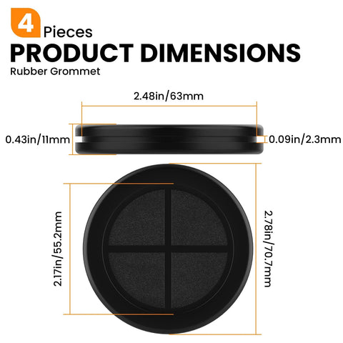 Rubber Grommets 2-1/8 In ID, 2-1/2 In Drill Hole, dimensions and side view, Double-Sided Wire Protection Plugs in 4 Pack