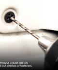 Close-up of 55 Piece Screw Extractor Kit For Removing Broken Or Stripped Screws, Bolts, Studs And Lugs With Left Hand Drill Bits in use