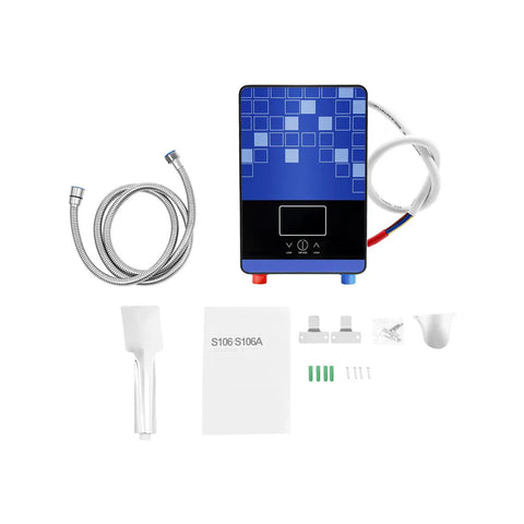 Slick Wall Mounted Electric Tankless Water Heater With 4500W Stainless Core, accessories including hoses and manual laid out.