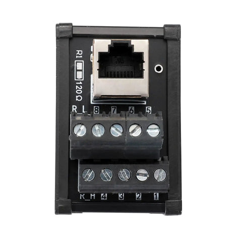 Front view of RJ45 8P8C DIN Rail Mount Breakout Board with Screw Terminals, One Way Vertical Jack, featuring 120 Ohm Resistor in black.