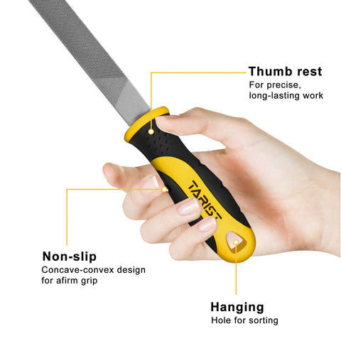 8 Inch Flat Metal File Professional Grade Carbon Steel Tool in hand, yellow handle with thumb rest and hanging hole highlighted