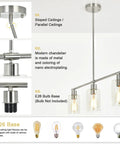 Image showing detailed features of Three Light Pendant With Clear Glass Shades In Brushed Nickel For Kitchen Island And Dining Room Dope Modern Farmhouse Chandelier With Adjustable Height Hanging Light Fixture.