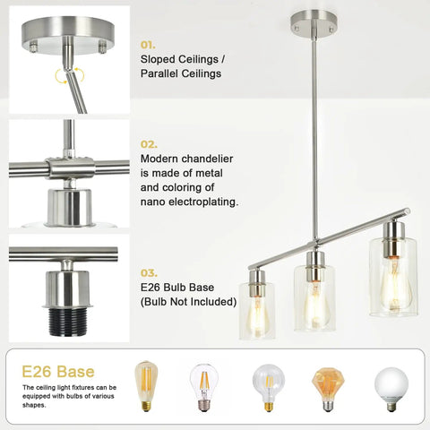 Image showing detailed features of Three Light Pendant With Clear Glass Shades In Brushed Nickel For Kitchen Island And Dining Room Dope Modern Farmhouse Chandelier With Adjustable Height Hanging Light Fixture.