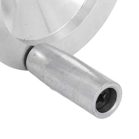 Precision Mini Lathe Handwheel Replacement With Rock Solid Aluminum Handle For 7x10 7x12 7x14 And 0618 Machines close-up view of aluminum handle and axle.