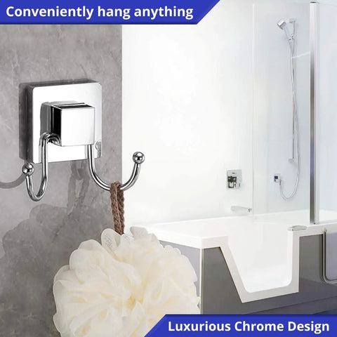 No Drill Suction Cup Hooks For Shower And Bathroom Glass Door Tile 2 Pack Chrome mounted on shower wall