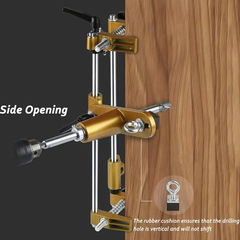 Door Lock Hole Opener Kit For Wood Doors And Mortise Jig Pro Grade Mortising Machine attached to wood door side