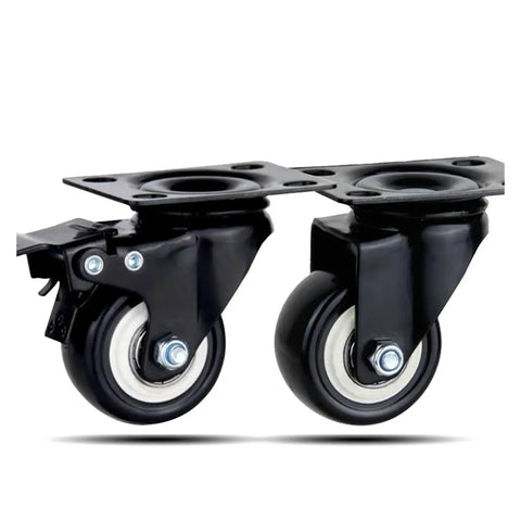 Close-up of Beefy Heavy Duty Caster Wheels with brakes, featuring black rubber wheels and metal mounting plates.