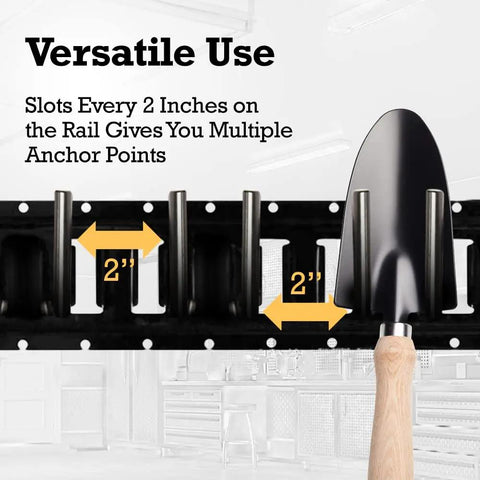 Slick Seven Piece Garage Storage Kit With Four Foot Steel Rail Two J Hooks Bungee Tie Down Strap And Hanging Pocket Tool Organizer For A Hella Sturdy Home Workshop Setup That Really Knocks Out The Clutter