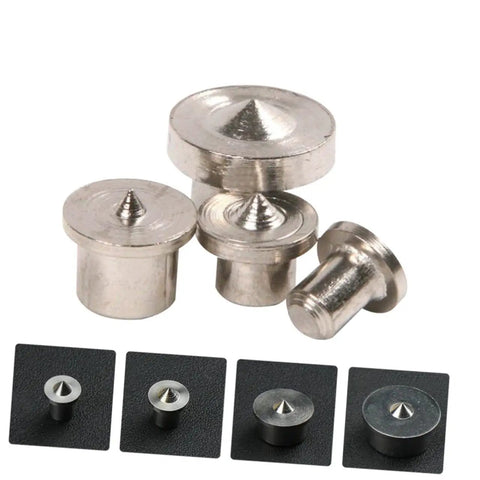 Dowel center points from 16 Piece Shelf Pin Drilling Jig And Dowel Center Points Kit, showing various sizes, metallic finish.