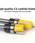 Pro Grade 4 Piece Flush Trim Router Bit Set With Top Bearing Quarter Inch Shank, yellow C2 carbide blades close-up