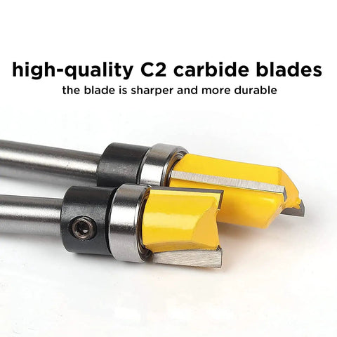 Pro Grade 4 Piece Flush Trim Router Bit Set With Top Bearing Quarter Inch Shank, yellow C2 carbide blades close-up