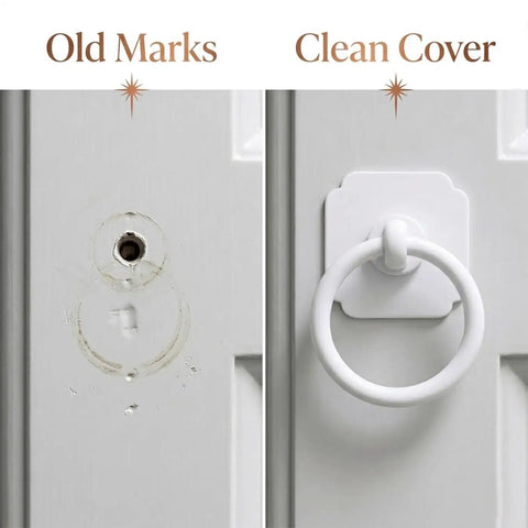 Comparison of old marks with installed Large White Ring Bi-Fold Closet Door Pulls With Protective Base 1-3/5 Inch, clean cover view.