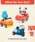 Three Pack Lil Driver Toys With Lights And Sounds Featuring Cute Animal Characters Dash The Fox Sunny The Hippo And Bingo The Panda Race Car Motorcycle And Pickup Truck For Toddlers 1 Year And Up shown from above on a beige background.
