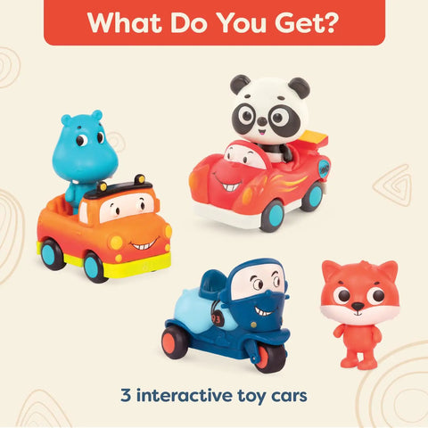 Three Pack Lil Driver Toys With Lights And Sounds Featuring Cute Animal Characters Dash The Fox Sunny The Hippo And Bingo The Panda Race Car Motorcycle And Pickup Truck For Toddlers 1 Year And Up shown from above on a beige background.