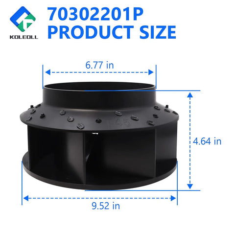 Blower Fan Assembly Replacement For Dryers 9.51 OD T45 Replaces 70302201 TU21755 with labeled dimensions