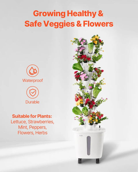 Space Saving 50 Pod Vertical Hydroponic Tower With 10 Tiers Rolling Indoor Garden On Wheels With Water Pump and plants