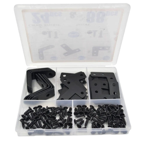 24 Pack Black Stainless Steel L Brackets And Corner Braces Kit With 88 Screws for wall mounted shelf storage and DIY projects.