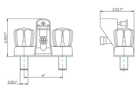 Technical drawing of RV Tub And Shower Faucet Diverter Valve with Smoked Acrylic Knobs, bisque parchment finish, side and front views.