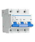 Side view of a 3-Phase Miniature Circuit Breaker C100A 6kA Rugged Electrical Breaker For Panel Installs, Compact, Easy Mount, RoHS Compliant.