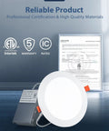 16 Pack 6 Inch Ultra Thin LED Recessed Ceiling Lights With Junction Box Dimmable 5000K Daylight 1200 Lumens 15W Equivalent To 130W Canless Wafer Design ETL Certified Easy Install with certification documents and warranty icons