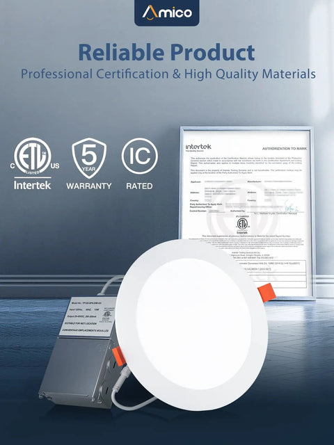 16 Pack 6 Inch Ultra Thin LED Recessed Ceiling Lights With Junction Box Dimmable 5000K Daylight 1200 Lumens 15W Equivalent To 130W Canless Wafer Design ETL Certified Easy Install with certification documents and warranty icons